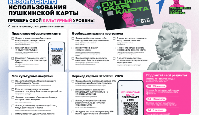 Предлагаем ознакомиться с чек-листом по безопасному использованию Пушкинской карты